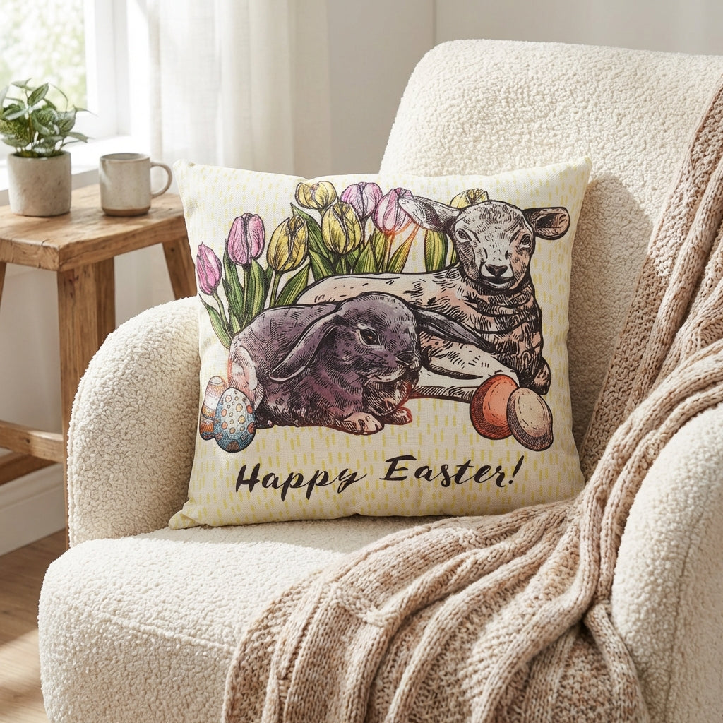 Easter Pillow Cover Seasonal Accent Decorative Bunny Throw Pillow Cover Invisible Zipper Easter Pillowcase for Kids, Homeowners, Bedroom, Chair, Bench