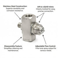 Stainless Steel Siphon Spray Nozzle, Adjustable Mist Spray Low Pressure, Misting Spray Nozzle for Humidification, Two-Fluid Siphon Misting Nozzle