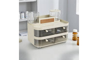 Desktop Storage Box with Rattan Insert Multi-Compartment Vanity Organizer with Two Compartments Rectangular Divided Makeup Bin for Bedside Table