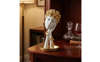Floral Headdress Decorative Face Figurine Gold Finish Abstract Face Statue Resin Tray Base Sculpture Butterfly Accents