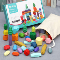 38 Pieces Wooden Stacking Rocks Geometric Stacking Blocks with Storage Box Wooden Stones Faceted Stone Blocks Smooth