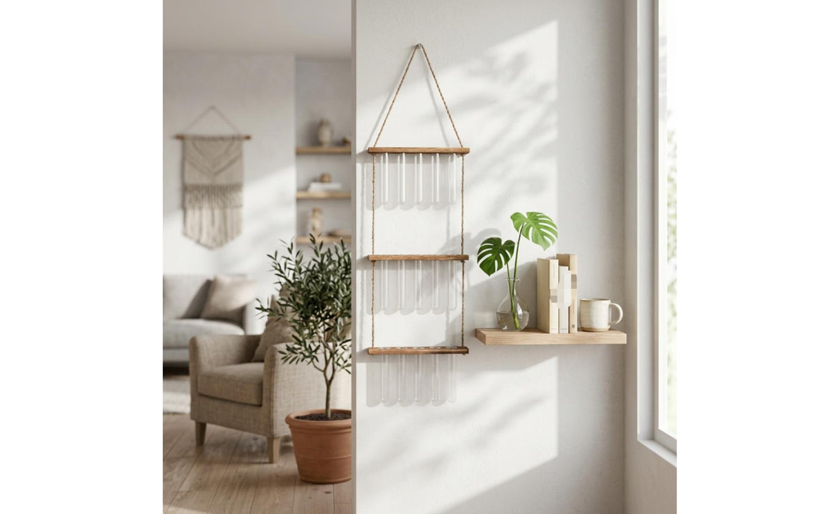 Decorative Hydroponic Wall Planter Natural Wood Wooden Frame Glass Planter Minimalist Design Hanging Test Tube Vase Sturdy Construction