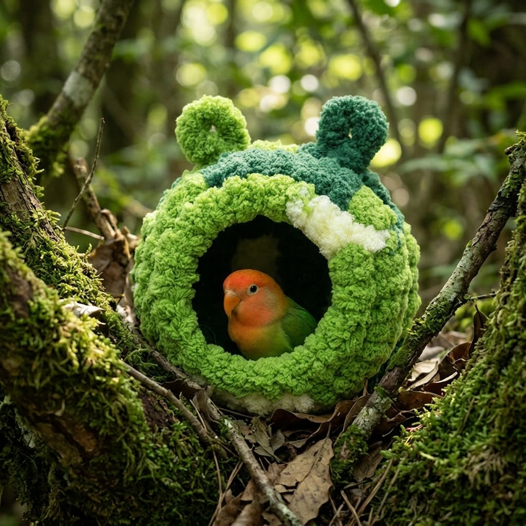 Round Birds Nest with Ears, Winter Warm Parrot Nest for Parakeets and Lovebirds, Hanging Soft Fleece Shelter with Thermal Insulation, Medium
