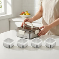 5 Pieces Clear Lid Stainless Steel Food Container Locking Clips Sealed Lunch Box Set Carry Handle Stackable Food Box Set Portable