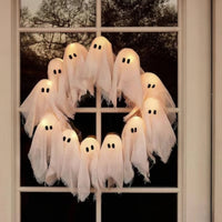 Light-up Ghost Wreath Spooky Halloween Wreath with Lights Pre-Lit Hanging Decoration Indoor Outdoor for Window
