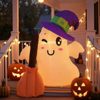 Illuminated Inflatable Ghost Yard Ghost with Witch Hat Cute Outdoor Decoration Built-in LED