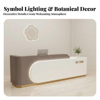 Cream Design Cashier Stand Light Elegant Design Modern Front Desk Built-in LED Lighting Retail Checkout Counter for Office Managers, Medical Office