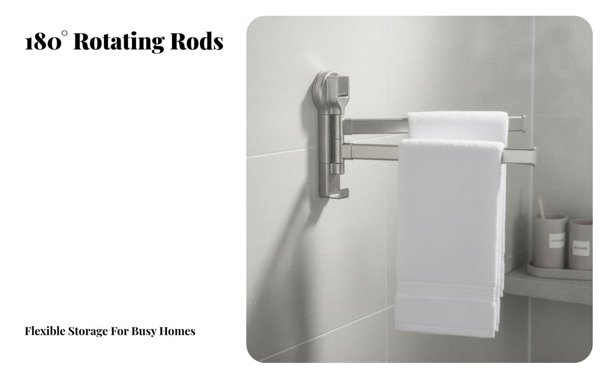 Drillwithout Drilling Installation Swivel Arm Towel Hanger Strong Suction Mount 2-Arm Swivel Bar 180° Rotation Bathroom Hardware Space-Saving for Homeowners, Families, Students, Washroom, Shower Room, Kitchen