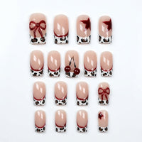 3D French Tip Press On Nails with Floral Rhinestones, Artificial Ons for Girls Wedding, Includes Jelly Glue and File