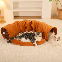 125cm Cat Tunnel with Flannel Warming Mat, Foldable Cat Tunnel and Cat Beds for Indoor Cats, Washable Enclosed Play Toy for Small Animals