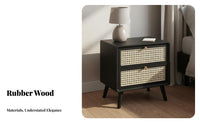 Minimalist Design Solid Wood Rattan Nightstand Sturdy Construction Nightstand with Drawers Easy Assembly 2-Drawer Bedside Cabinet Multi-Purpose for Homeowners, Students, Couples, Guest Room, Home, Hallway, Hotel
