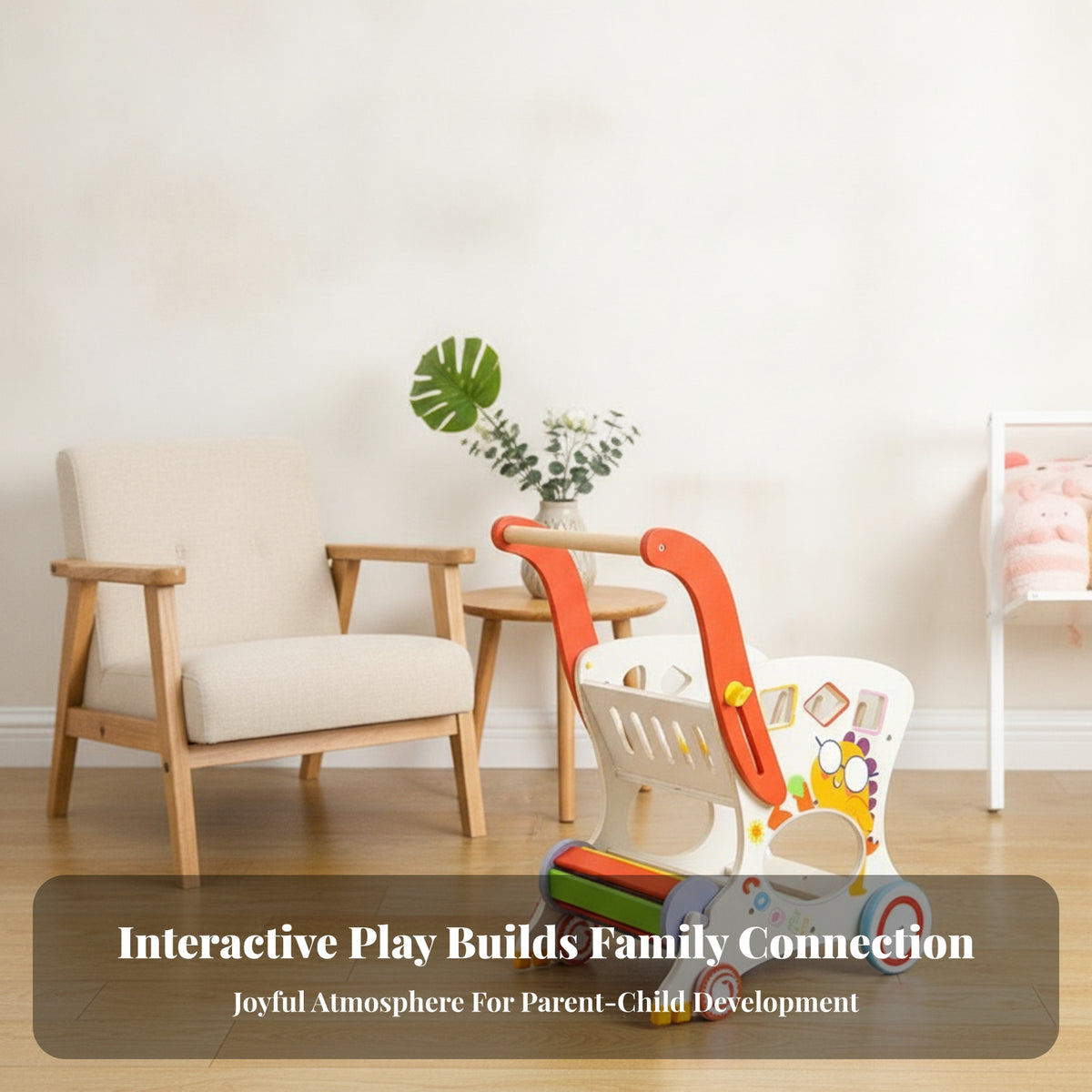 Rolling Blocks Wooden Push Pusher Wooden Infant Pusher Cart Playful Cartoon Print Play Cart for Walking Practice