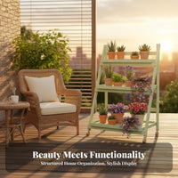 Foldable Flower Rack with Wheels Anti Wood 3-Tier Wooden Plant Stand Space-Saving 3 Tier Plant Stand for Balcony, Indoor, Living Room