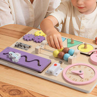 Natural Wood Educational Busy Board Hands-on Wooden Busy Board Pink-Accented Interactive for Toddlers, Preschoolers, Early Learning
