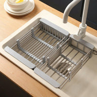 Telescopic Drain Basket Kitchen Sink Drainer, Stainless Steel Dish Rack with Utensil Holder, Space Saving Sink Organiser for Vegetables