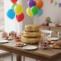 3 Pieces Metal Gold Cake Stand Decorative Round Dessert Stand Elegant Ornate Cake Pedestal Sturdy Base for Wedding, Party, Birthday