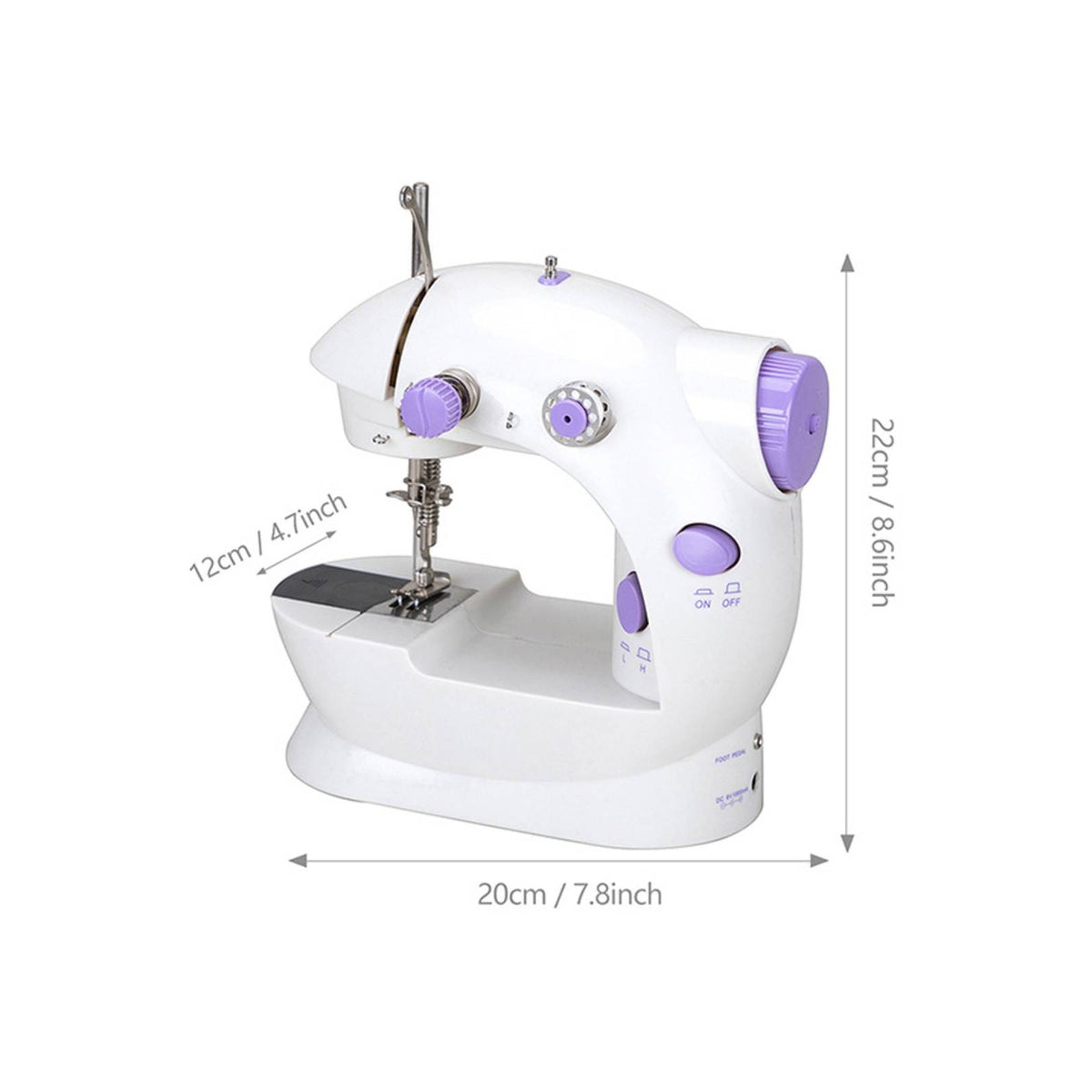 Compact Desktop Sewing Machine Foot Pedal Electric Sewing Machine White and Lavender Adjustable Dials