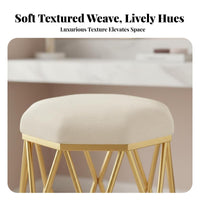 golden-hued Frame Upholstered Round Stool with Metal Legs Padded Seat Upholstered Vanity Stool Soft paddinged Top Household Furniture plush fabric Upholstery for Beauticians, Apartment Dwellers, residents, Makeup Room, Bedroom, Nail Salon, Entryway