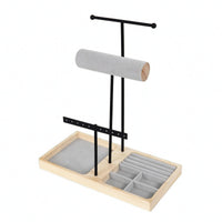 T-Shaped Jewelry Stand Padded Jewelry Display Organizer Necklace Organizer Rack Wooden Base Bracelet Holder Metal Frame