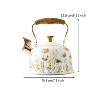 Floral Whistling Tea Kettle Wood-Grain Tea Kettle with Flip-up Spout Cottage-Style Fast-Boiling for Kitchen