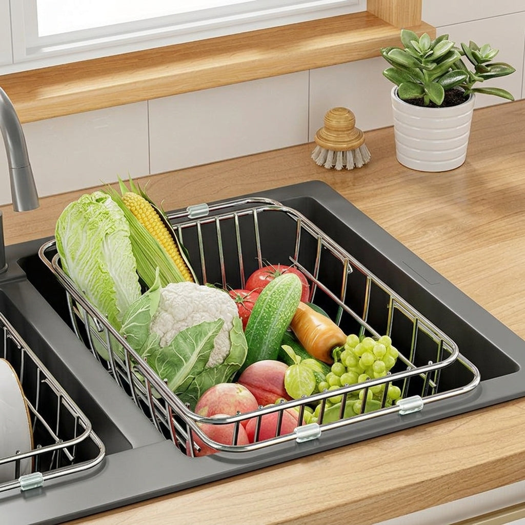 Stainless Steel Dish Rack and Telescopic Sink Basket, Bowl and Plate Rack with Coated Handles, Space Saving Modern Kitchen Accessory Over Sink