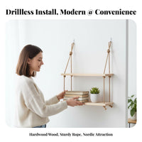 Rope-Hung board Shelf Rustic aesthetic Rope hanginging storage area Saving for Living Room