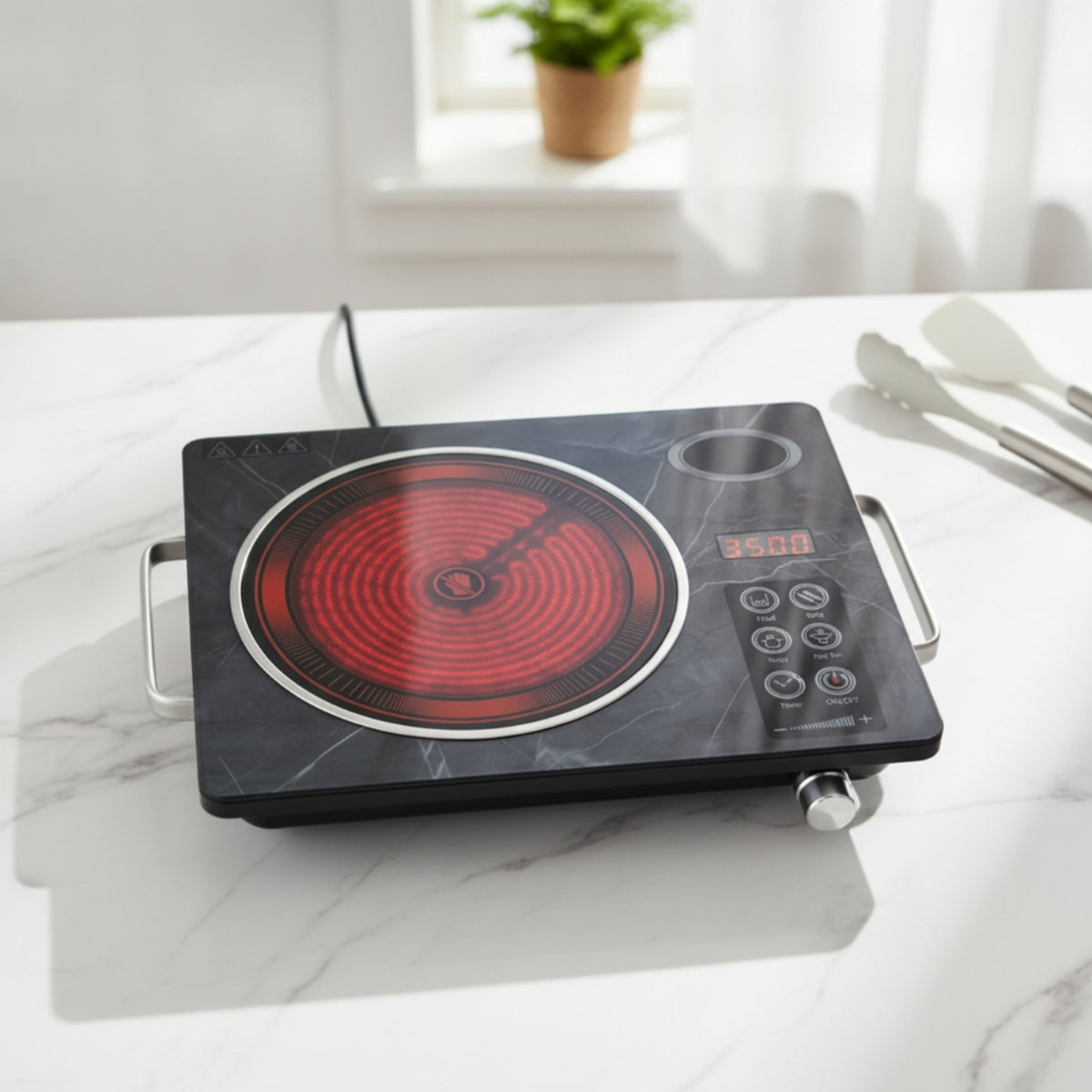 Tactile Control 3500W Ceramic Hot Plate Built-in Timer Portable Electric Cooktop Compatible with All Cookware for Students, Campers, Office