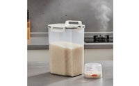 Moisture-Proof Rice Storage Bin with Measuring Cup Clear Visibility Airtight Grain Container Mess-Messless Pouring for Kitchen Cabinet