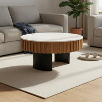 2 Pieces Light Luxury Design Wood and Stone Coffee Table Set Multi-Material Round Coffee Table Set for Lounge Area