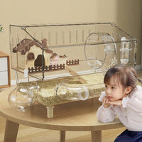 Acrylic Hamster Cage with Hamster Tunnel, Clear Hamster Cage 45cm for Dwarf Rodents, 360 Viewing Habitat with Removable Tray and 9 Accessories