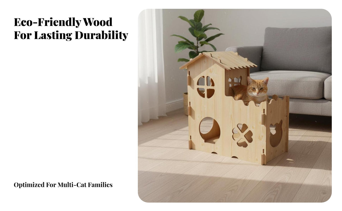 All-Season Use Wooden Cat Villa Stable Structure Wooden Cat House Spacious Design Pet Furniture Ventilated for Cats, Kittens, Indoors, Living Room, Bedroom, Home