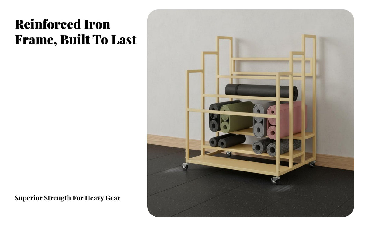 Space-Saving Exercise Mat Storage Rack Large Capacity Exercise Mat Display Rack Heavy-Duty Rolling Gym Equipment Cart Rust-Resistant