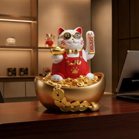 Auspicious Cat Figurine with Raised Paw Gold-Toned with Bowl Welcoming Ornament for Business Owners, Homeowners, Cashier Desk