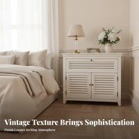 Distressed Finish Louvered Door Console French Country Design Storage Cabinet Retro aesthetic Home Furnishing sturdy Construction for Interior Decorators, Homeowners, Adults, Bedroom, Living Room, Entryway, Kitchen