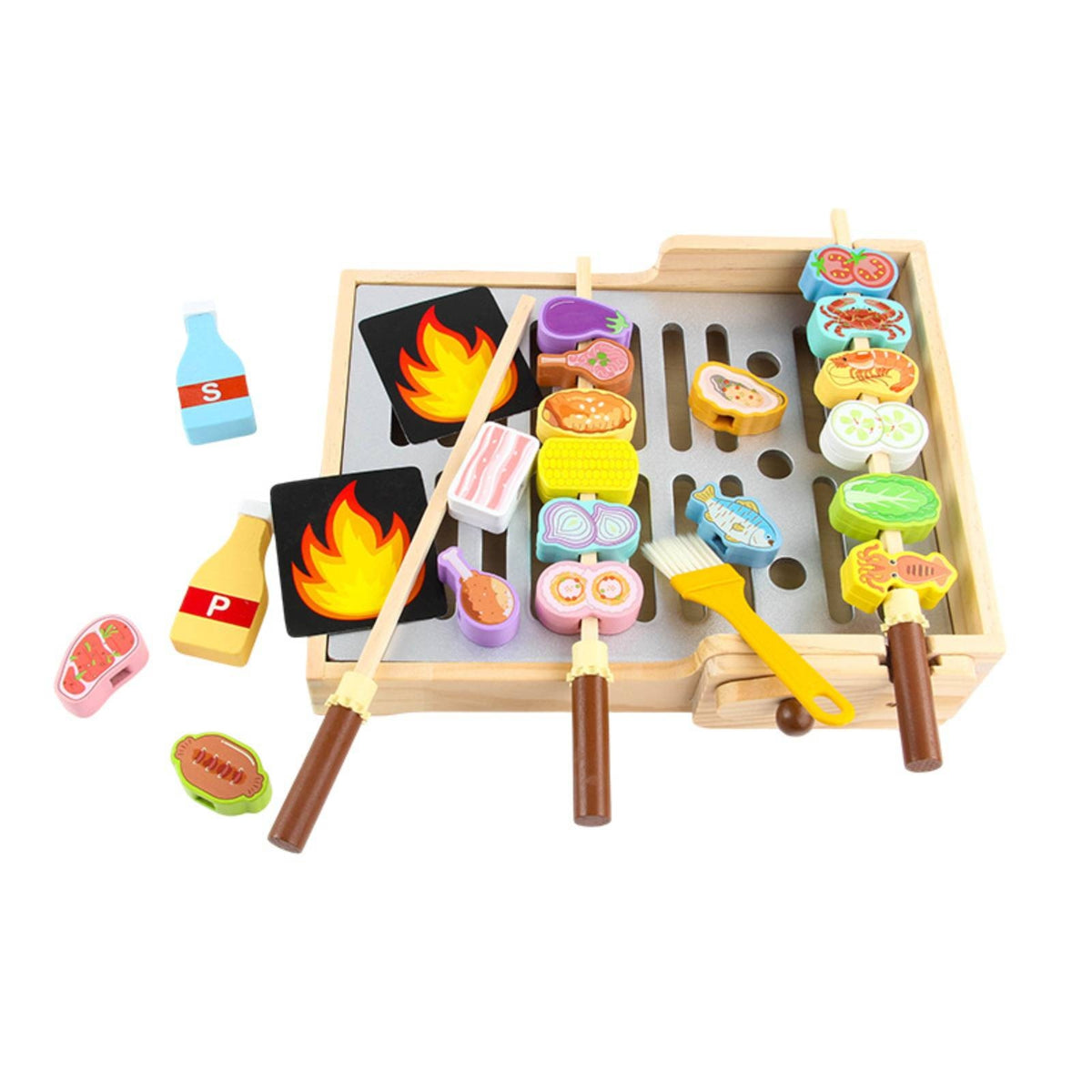 Wooden Grill Playset Educational Grill Playset with Pretend Meal Components Pretend Barbecue for Playroom