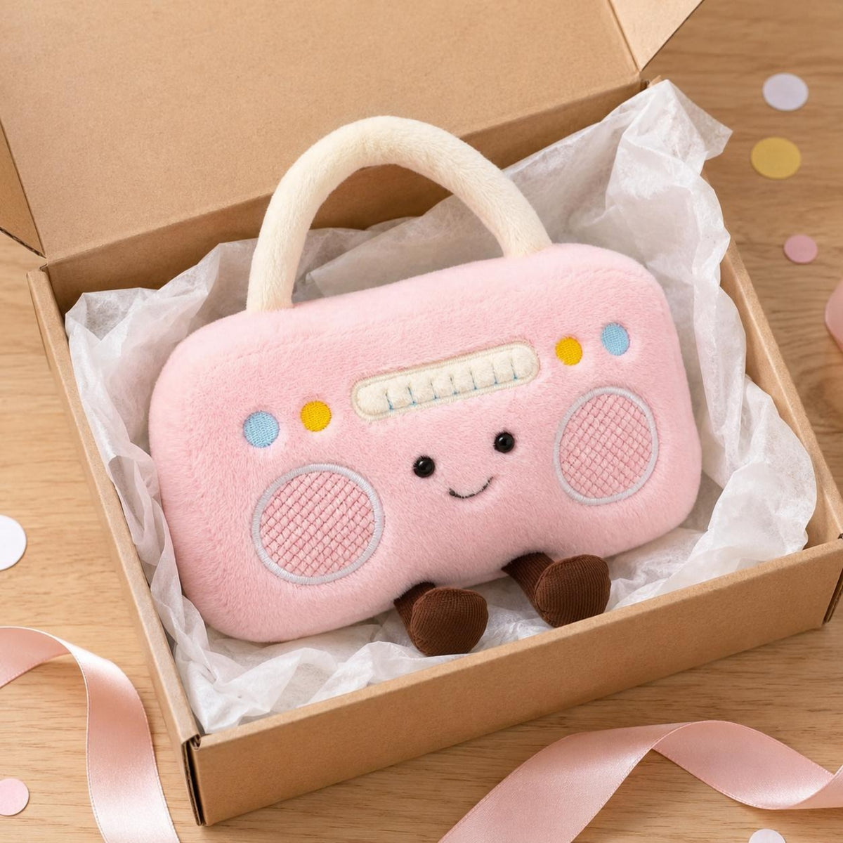 Retro Radio Soft Embroidered Face Radio Soft Toy Room Accent Dangling Legs Carry Handle for Play Companion, Home Decoration