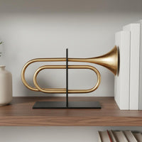 Gold Trumpet Book Stopper Modern Design Trumpet Bookend Creative Shape Metal Bookend for Study Room, Bookcase, Showroom