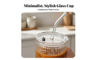 Glass Cup with Lid and Straw Vertical Stripe Pattern Striped Drinking Glass Aesthetic Design Iced Coffee Cup with Lid for Students, Home, Office, Cafe