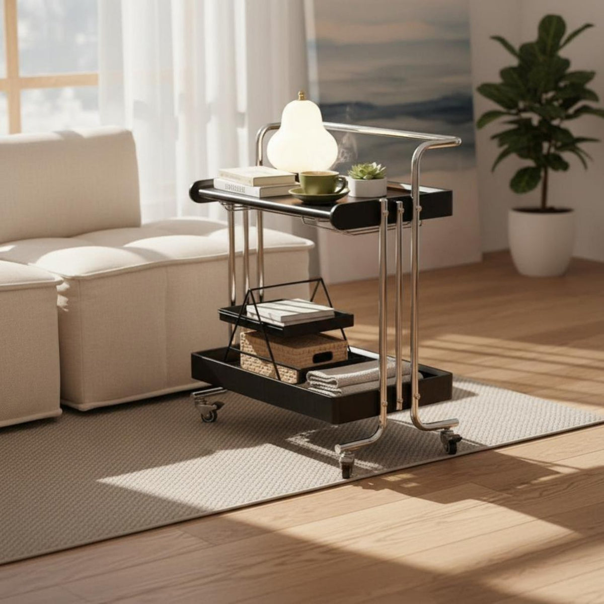 Retro design doublelevel Rolling Stand adaptable Mobile Furniture Multi-Purpose Side Table Minimalist for Design aficionados, Apartment Dwellers, Living Room, Bedroom, Balcony, Dining Area