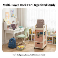 With Wheels School Bag Storage Cart Space Saving Multi-Tier Book Cart Large Capacity Mobile Bookshelf Easy to Assemble for Students, Kids, Study Room, Classroom, Bedroom
