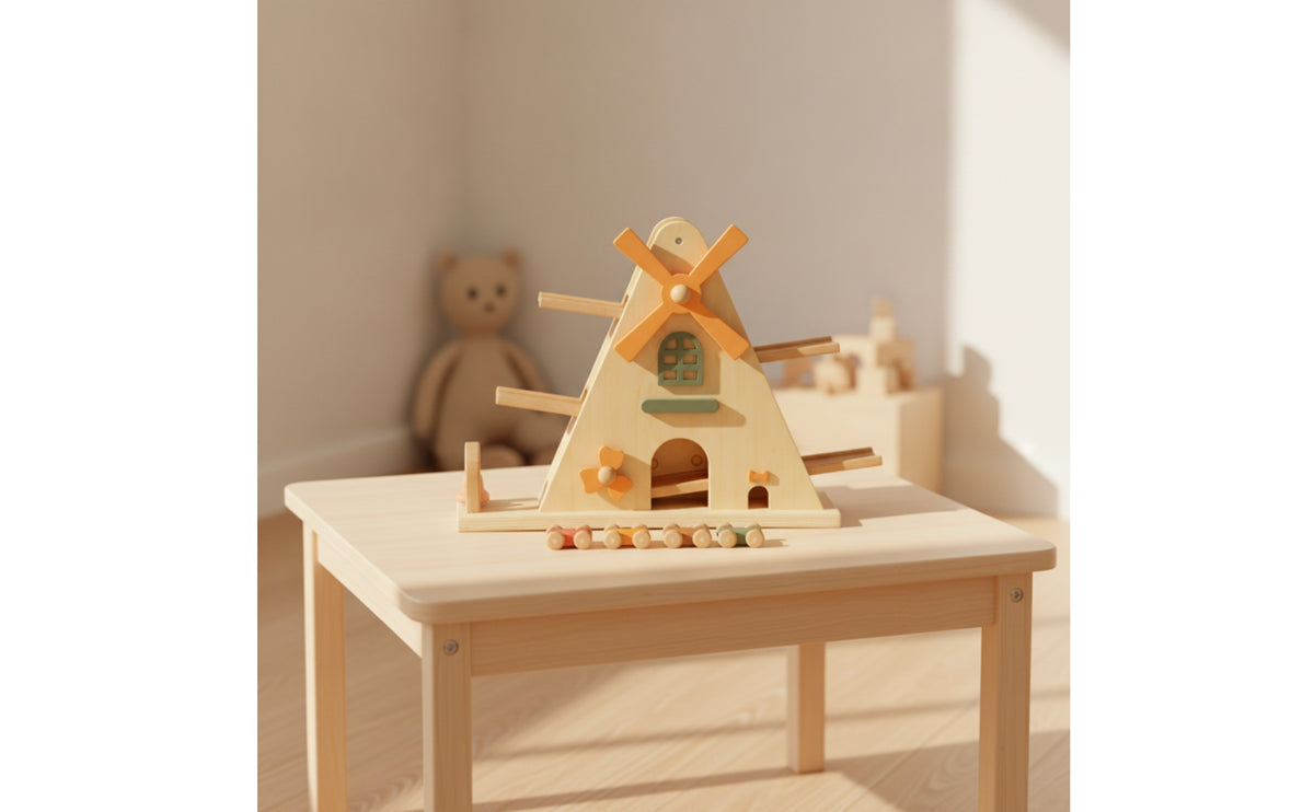 Car Ramp Toy with Windmill Sliding Wooden Car Ramp Toy Child-Centered for Young Children, Kids, Tabletop, Playroom, Nursery