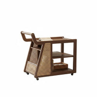 Solid Wood Mobile Side Table with Rattan Multi-Layer Storage Wooden Rolling Cart with Handle Movable 2-Tier Utility Trolley Large Capacity for Living Room, Kitchen, Home Bar