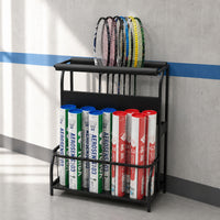 High Strength Racket Stand with Basket Freestanding Tennis Racket Storage Rack Metal Tennis Racquet Stand Matte Black for Clubs, Gyms, Schools, Active Training Areas