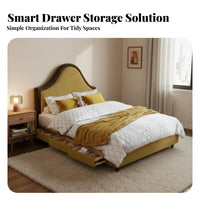 North American Retro look Scalloped Headboard Frame Soft Padded Upholstery Scallop Headboard Bed hardwood Wood Legs Upholstered Bedstead Sturdy Wooden Slats for Girls, Teenagers, Parents, Small Apartment, Home