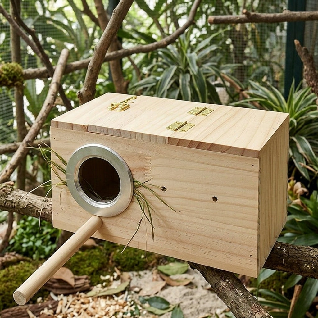 Wood Bird Box with Perch, Horizontal Nesting Box for Lovebird and Parakeet, Insulated Wooden Bird House with Mounting Hardware 137/145