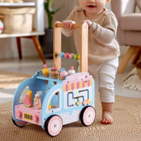 Interactive Ice Cream Truck Pusher Multi-Functional Wooden Baby Push Pusher Push Toy with Bead Maze Child-Friendly for Toddlers, Nursery