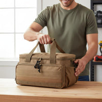 Water-Resistant Material Heavy Duty Tool Bag Waterproof Bottom Multi-Pocket Tool Tote Large Opening Padded Handle for Electricians, Carpenters, Mechanics, Home Improvement, Jobsite, Outdoor Maintenance