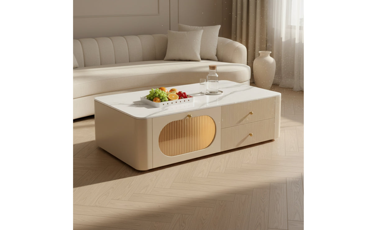 Glossy Coffee Table with Drawers Modern Coffee Table with Concealed Storage Fluted Furniture Stone-Look for Living Room, Apartment