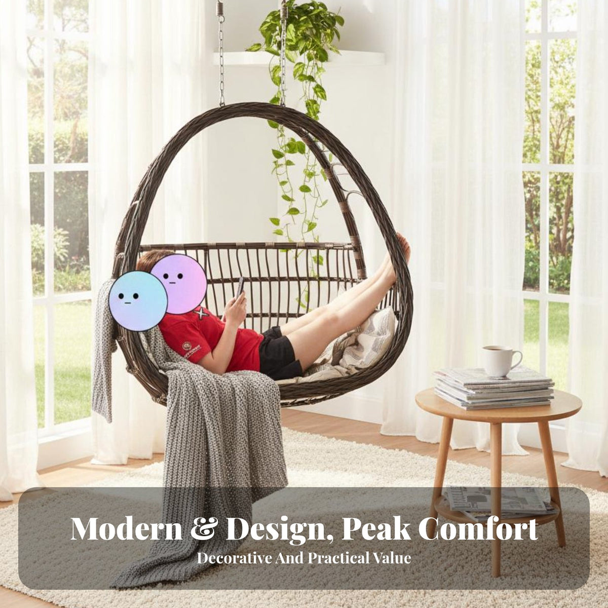 Indoor & Outdoor Use Freestanding Basket Lounger Wicker Weave Design Egg-Shaped-Shaped Lounger Includes Stand Hanging Chair Sturdy Frame for Couples, Homeowners, Parents, Balcony, Garden, Backyard, Living Room
