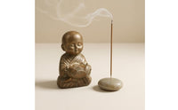Carved Robe Folds Bronze Monk Candle Holder Polished Bald Head Seated Monk Figurine Compact Lotus Cup Statue Ornamental for Desktop